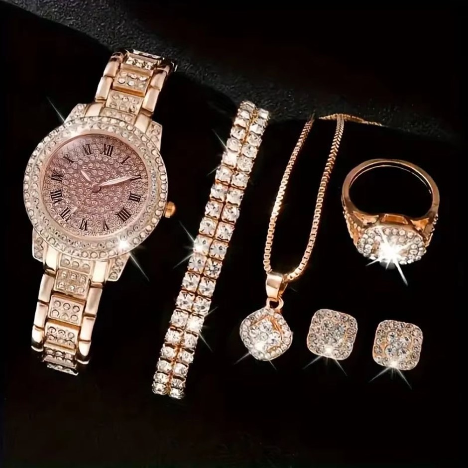 Luxury Elegant Wrist Watch &amp; 5PCS Crystal Jewellery Iced Out Set