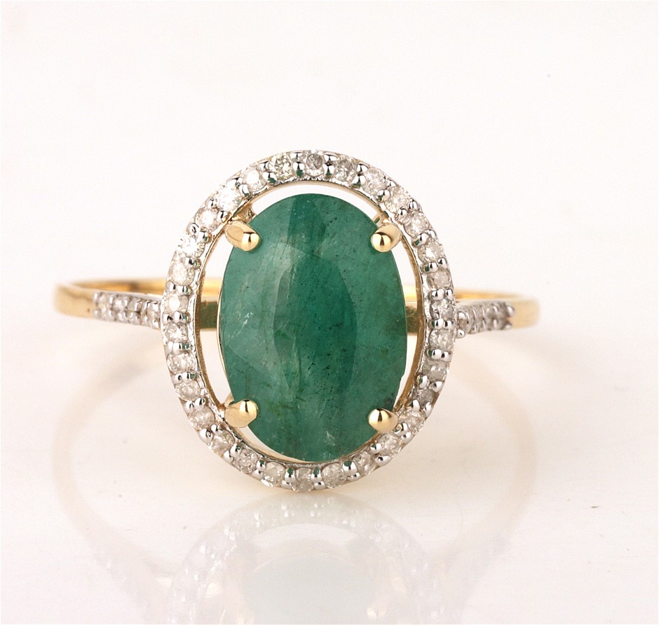 Yellow Gold Natural Emerald & Diamond Ring with Valuation