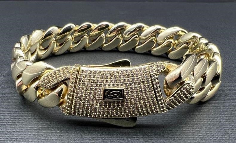 18K/Italy Triple Solid Yellow Gold Plated Cuban Bracelet -20.5cm-14mm