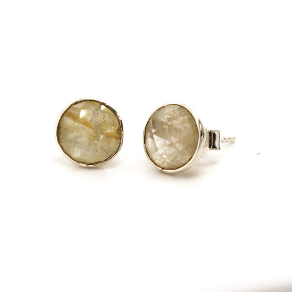 Elegant Handcrafted Rutilated Quartz Stud 925 Silver Gemstone Earrings