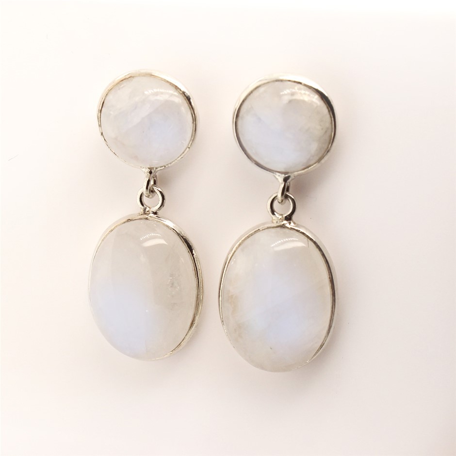 Beautiful 24 Cts Moonstone Handcrafted 925 Silver Gemstone Drop Earrings