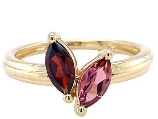 9K Yellow Gold GARNET & PNK TOUR MARQ HRT RING