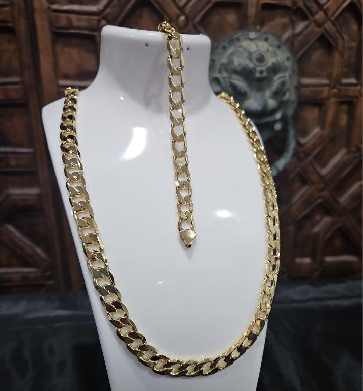 18KGF/Italy Stamped Set Solid Heavy Yellow Gold Filled Chain & Bracelet