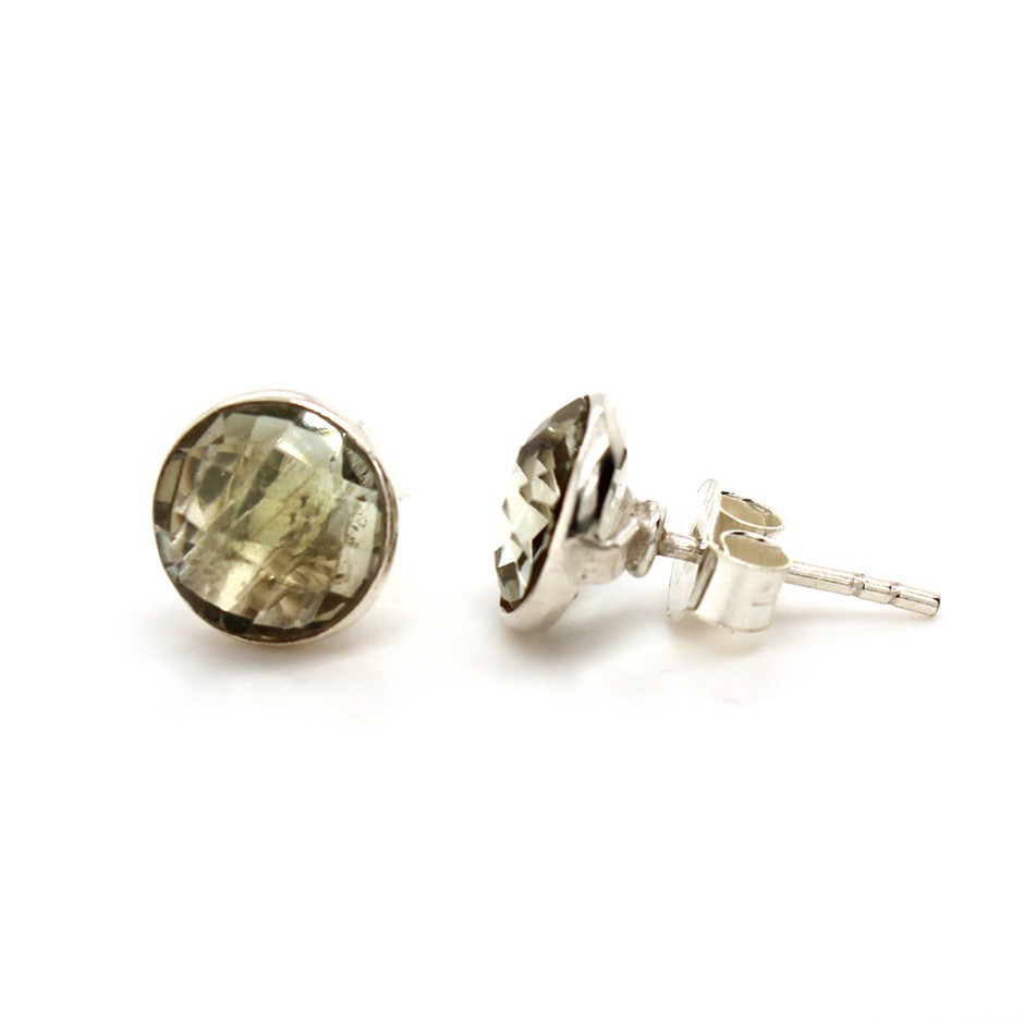 Handcrafted Green Amethyst Stud 925 Sterling Silver Gemstone Earrings