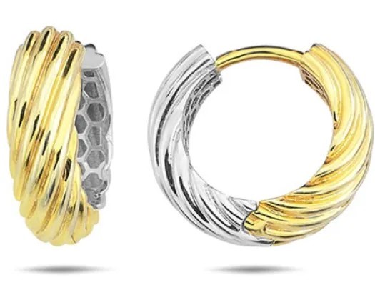 9K Yellow Gold & WHITE GOLD TWIST HUGGIE EARRINGS 15.5mm