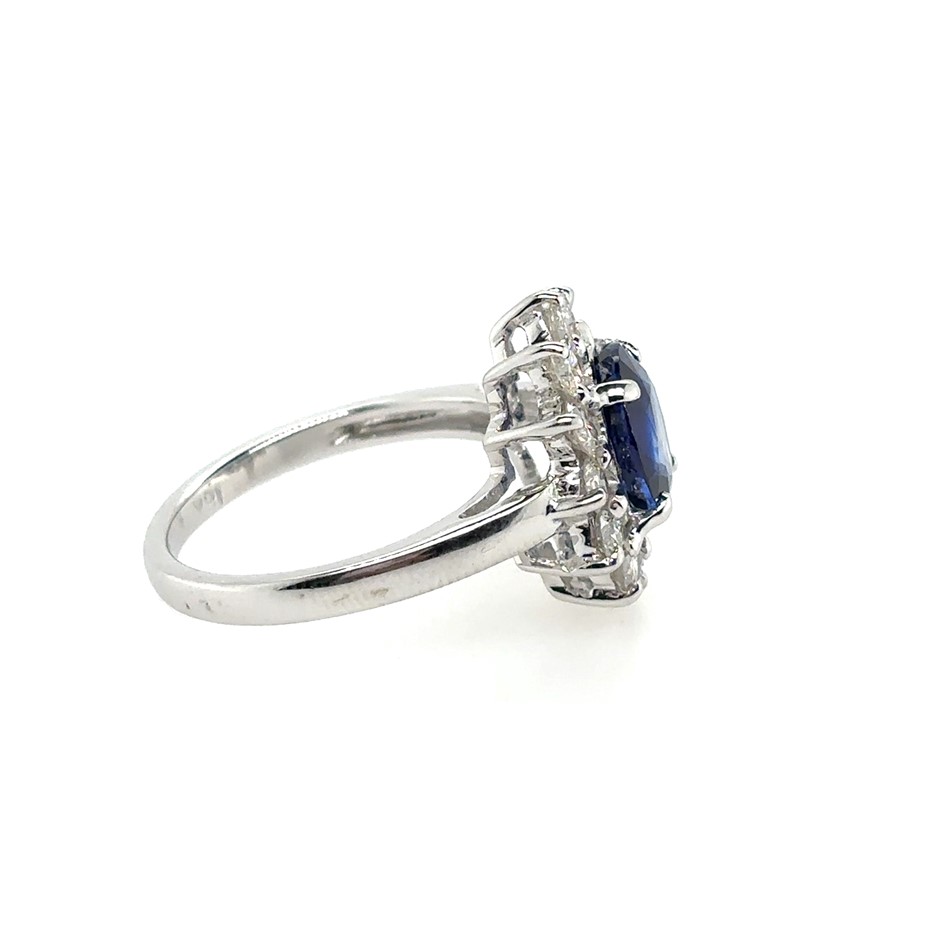 2.37ct Oval Cut Blue Sapphire & Dia. 1.45ct 12 Stones G/VS Ring 18K