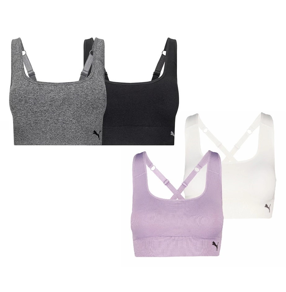 0284-5062664 · 4 x PUMA Square Neck Seamless Sports Bras, Size L, Med Heather Grey/Black/P