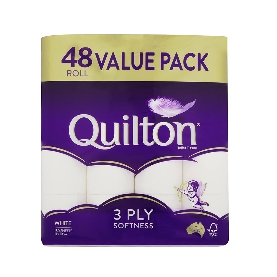 QUILTON 48pk 3-Ply Toilet Paper. NB: Damaged packaging.