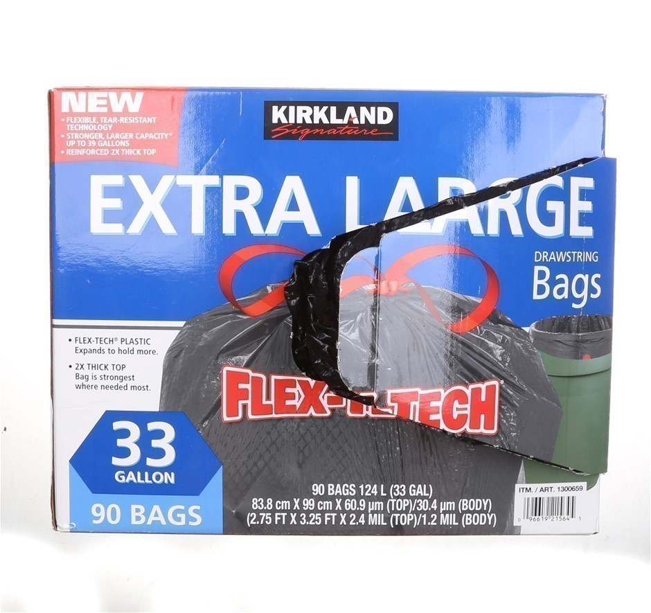 SIGNATURE Extra Large Drawstring Trash Bags 90pk, 33 Gallon. N.B. Damaged b