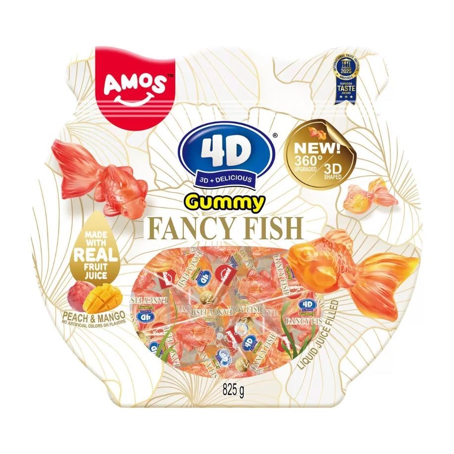 2 x AMOS 4D Fancy Fish Gummy Made w/ Peach & Mango Liquid Filled Fruit Juic