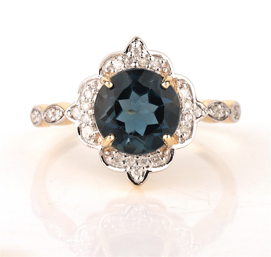 Yellow Gold Natural London Blue Topaz & Diamond Ring with valuation