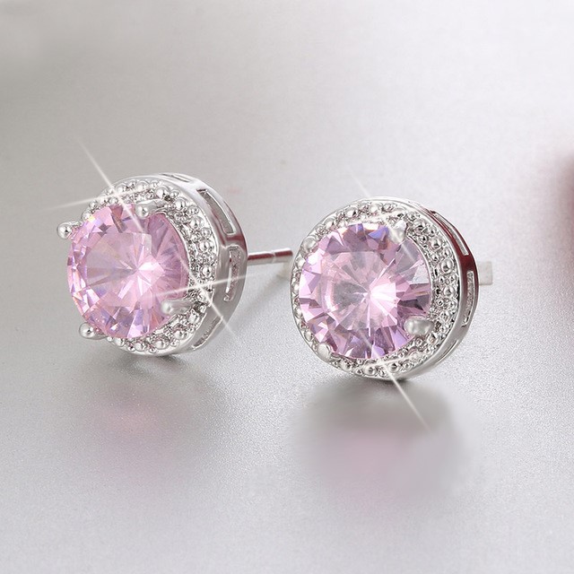 Designer Round Simulated Diamond Bridal Earrings in Light Pink