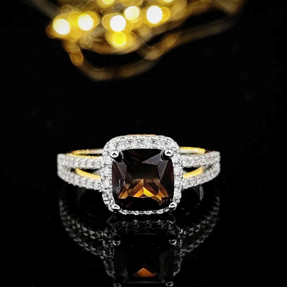 Designer Simulated Diamond Square Amber Ring in Silver - US Size 7