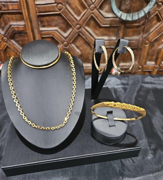 3pcs x 18K/Italy Stamped Yellow Gold Filled Chain & Bangle & Earring-