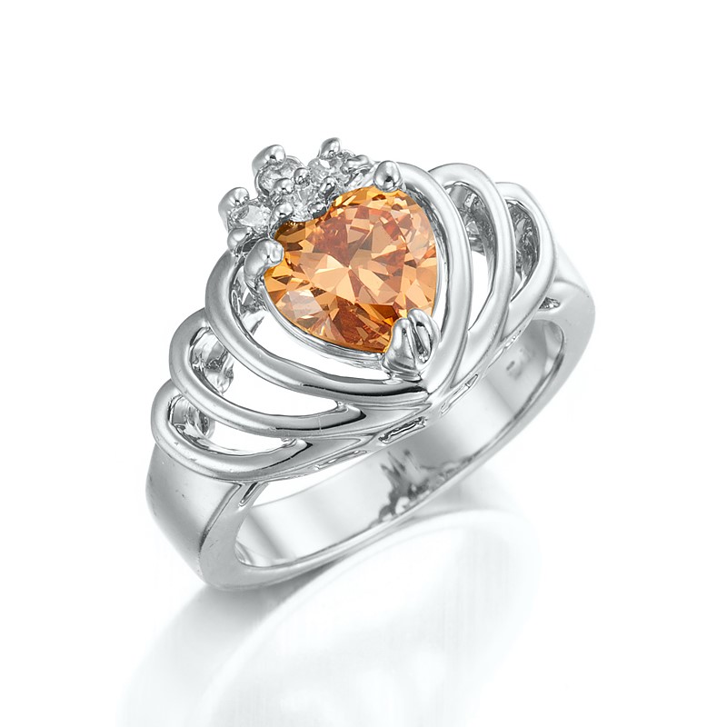 Stunning Rhodium Plated Champagne Crown Heart Ring - US Size 7