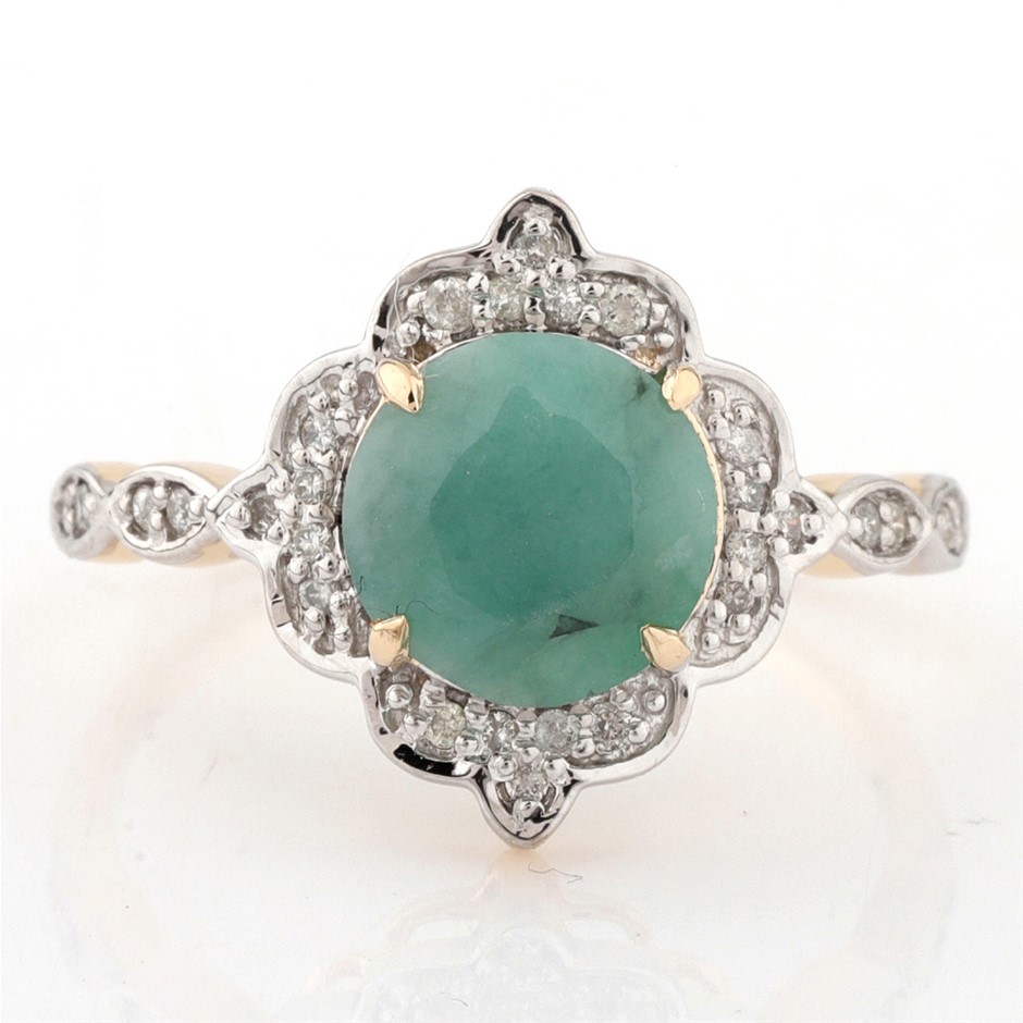 Yellow Gold Natural Emerald & Diamond Ring with Valuation