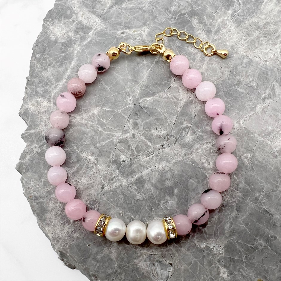 7-8mm Pearl & Cherry Blossom Jasper with Real 18k Gold Plated Bracelet