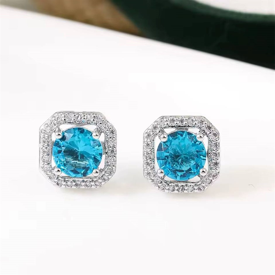 Designer Ocean Blue & Simulated Diamond Square Stud Earrings in Silver