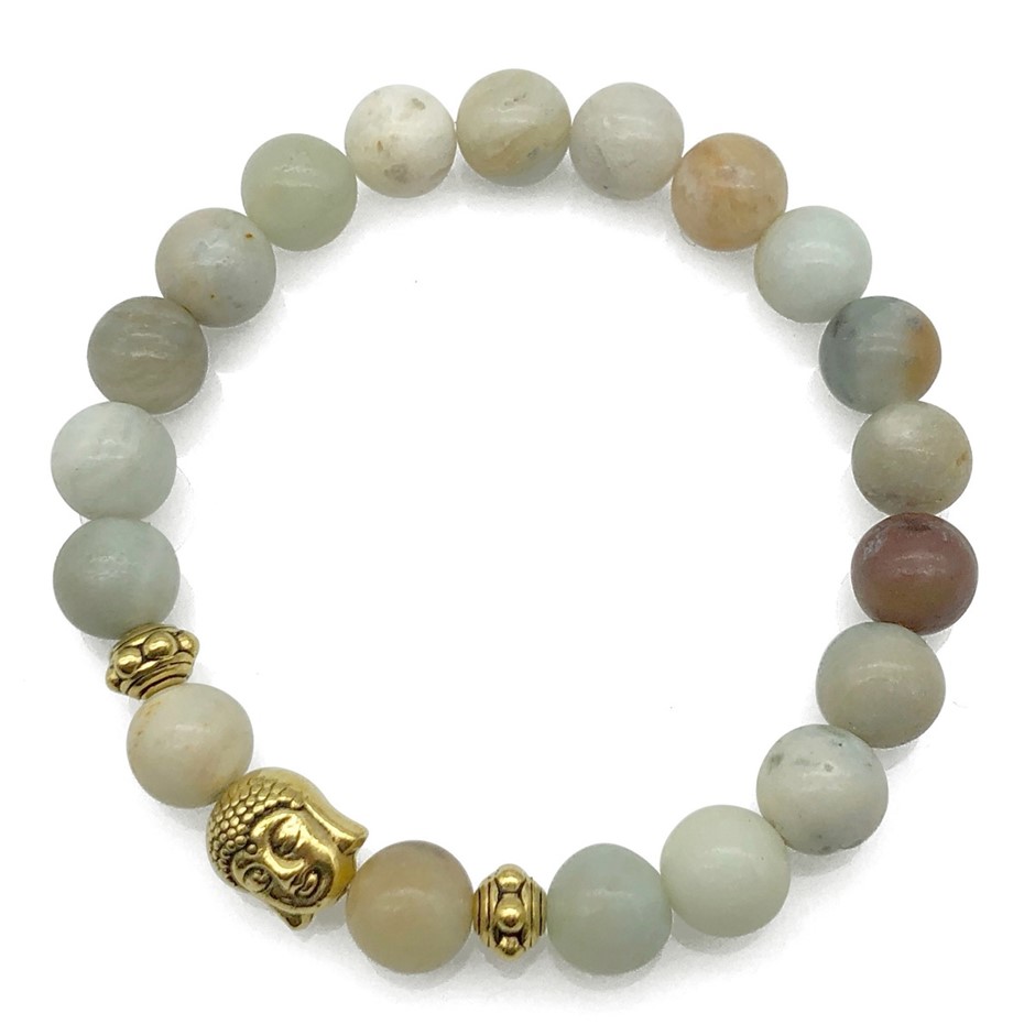 8mm Amazonite & Antique Gold Buddha Charm Beaded Bracelet