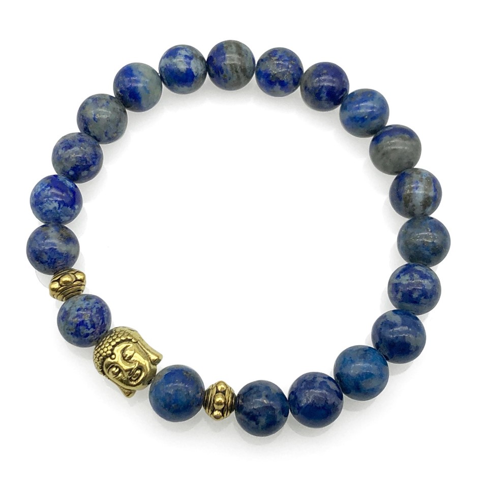 8mm Lapis Lazuli & Antique Gold Buddha Charm Beaded Bracelet