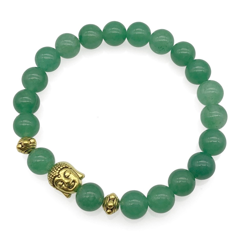 8mm Green Aventurine & Antique Gold Buddha Charm Beaded Bracelet