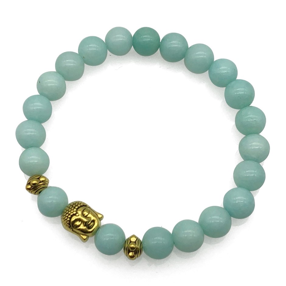 8mm Malaysia 'Jade' Quartz & Antique Gold Buddha Charm Beaded Bracelet