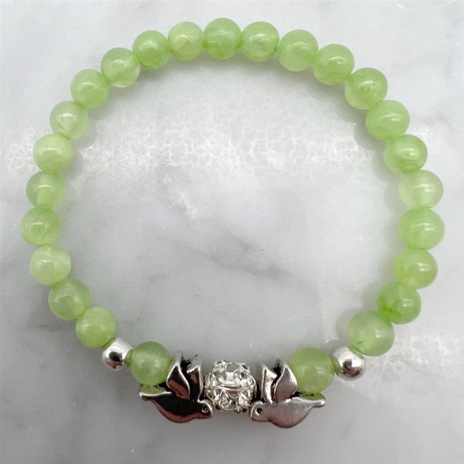 6mm Flower Jade Gemstone and Rhinestone Dove Bracelet
