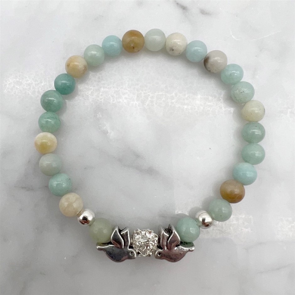 6mm Amazonite Gemstone and Rhinestone Dove Bracelet