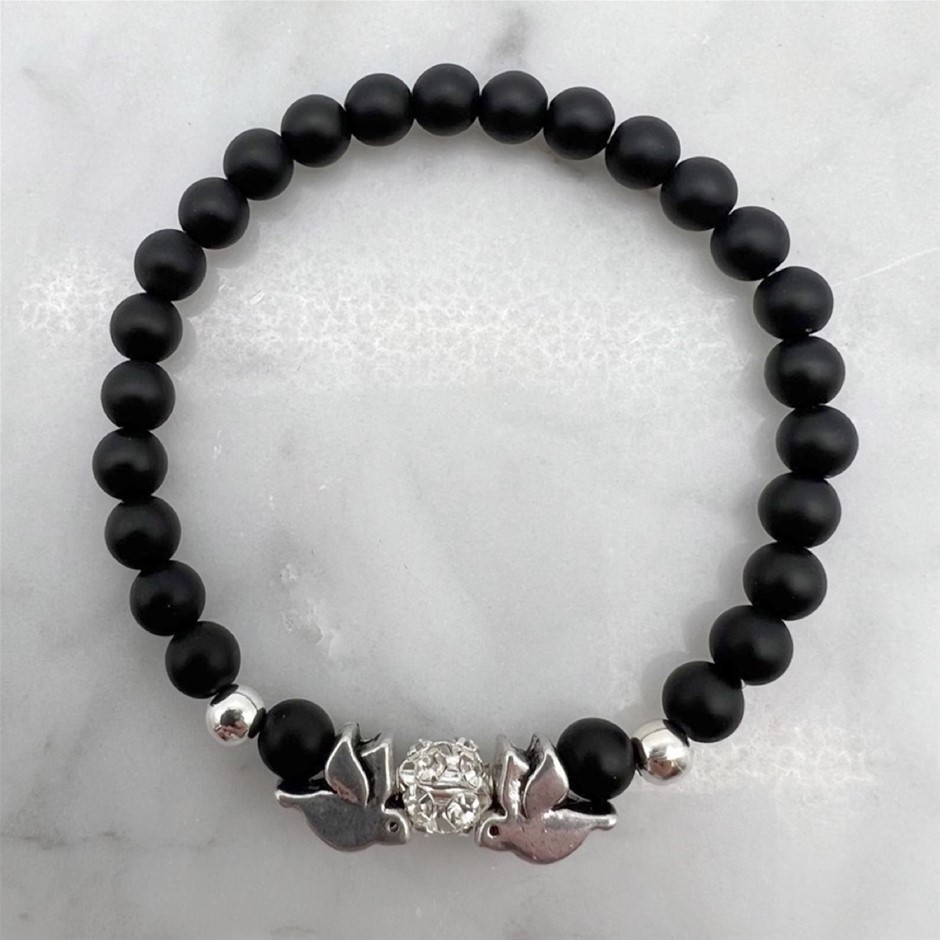 6mm Black Stone Gemstone and Rhinestone Dove Bracelet