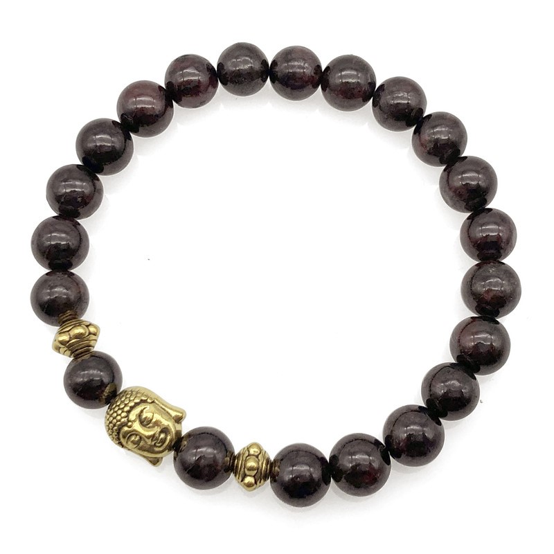 8mm Garnet & Antique Gold Buddha Charm Beaded Bracelet