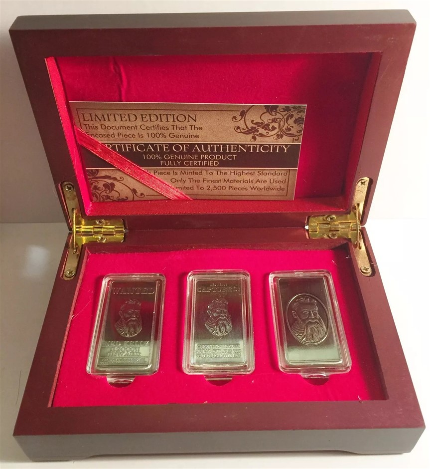 NED KELLY Set Of 3 x 10grm Ingots With D/Box HSE 999 Silver Ant