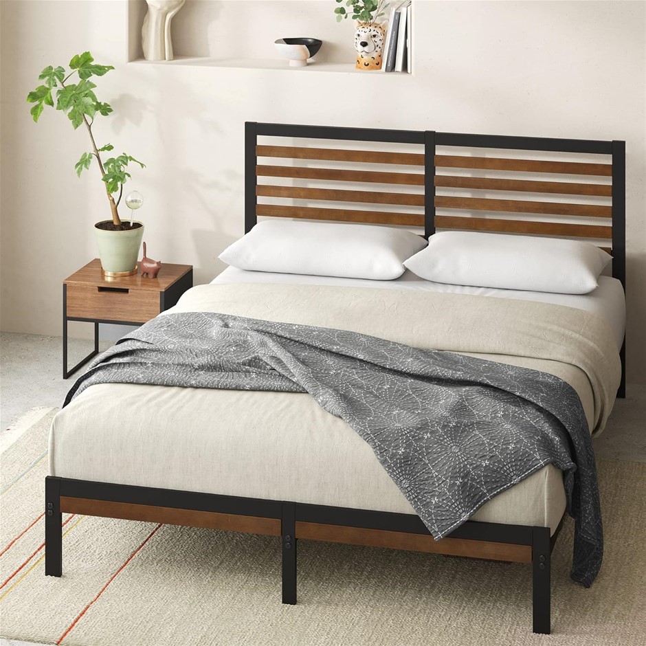 ZINUS Kai Bed Frame, Queen, Brown. NB: Damaged Box & May be Missing Parts/S