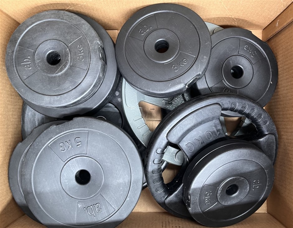 10 x Assorted Gym Weight Plates, Includes 3kg, 5kg, 10kg, 15.88kg & 20kg. N