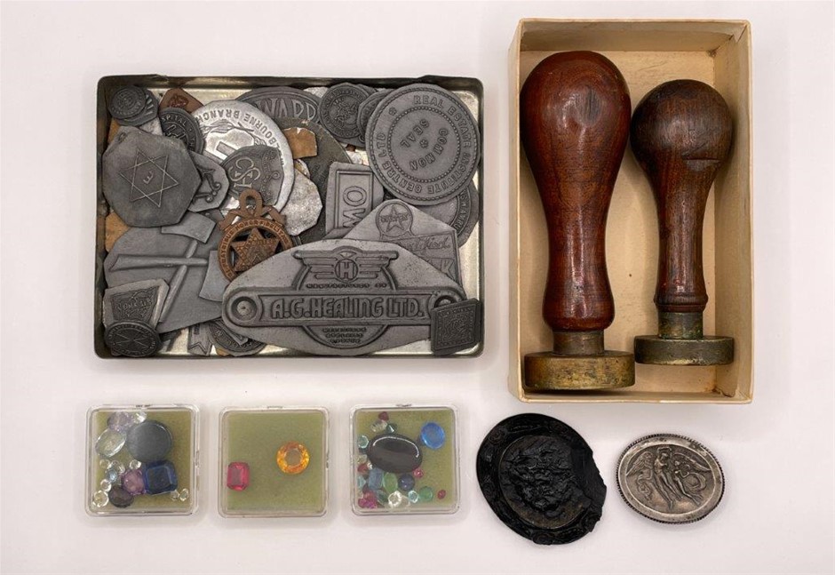 8x Asstd Items - Sydney Comm. Banking Coys, Lead dies, Gemstones & etc