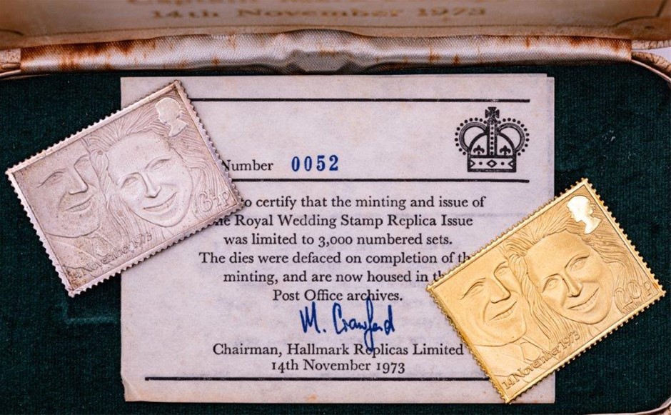 2x1973 Hallmark Stamp Replicas, Royal Wedding, 22Ct Gold & Stg Silver