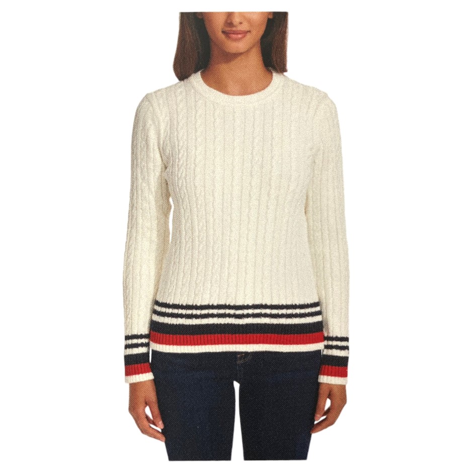 TOMMY HILFIGER Women's Knit Sweater, Size L, 100% Cotton, 112 Ivory (IVY).