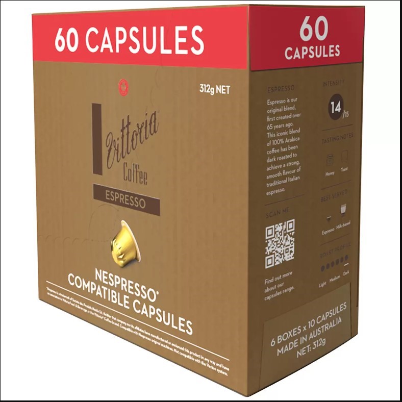 Vittoria Espresso Nespresso Compatible Coffee Capsules 60 Pack 312g, BB: 01