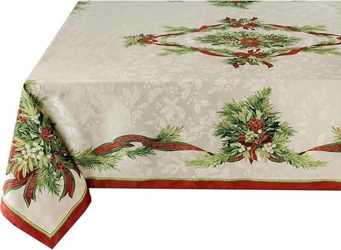 BENSON MILLS Christmas Ribbons Engineered Printed Fabric Table Cloth, Winte