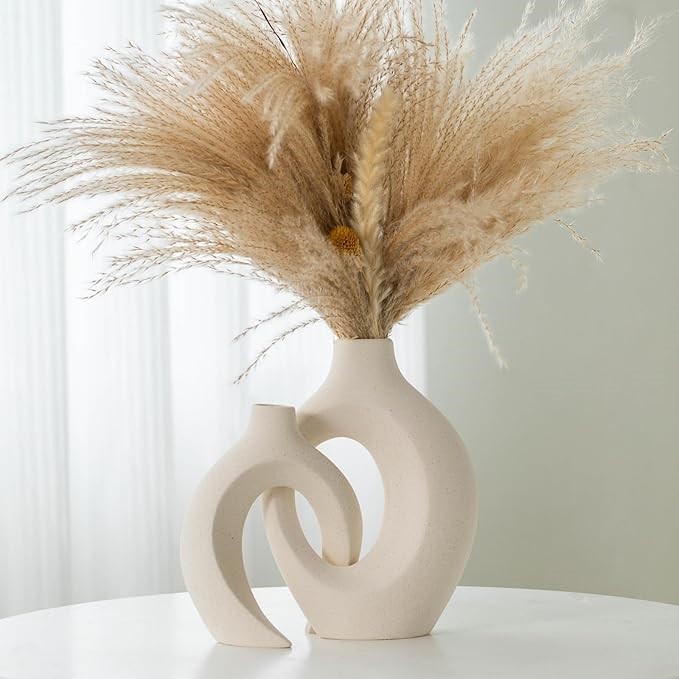 LIOTWW Ceramic Vases for Home Decor Set of 2, Off White Boho Small Flower V