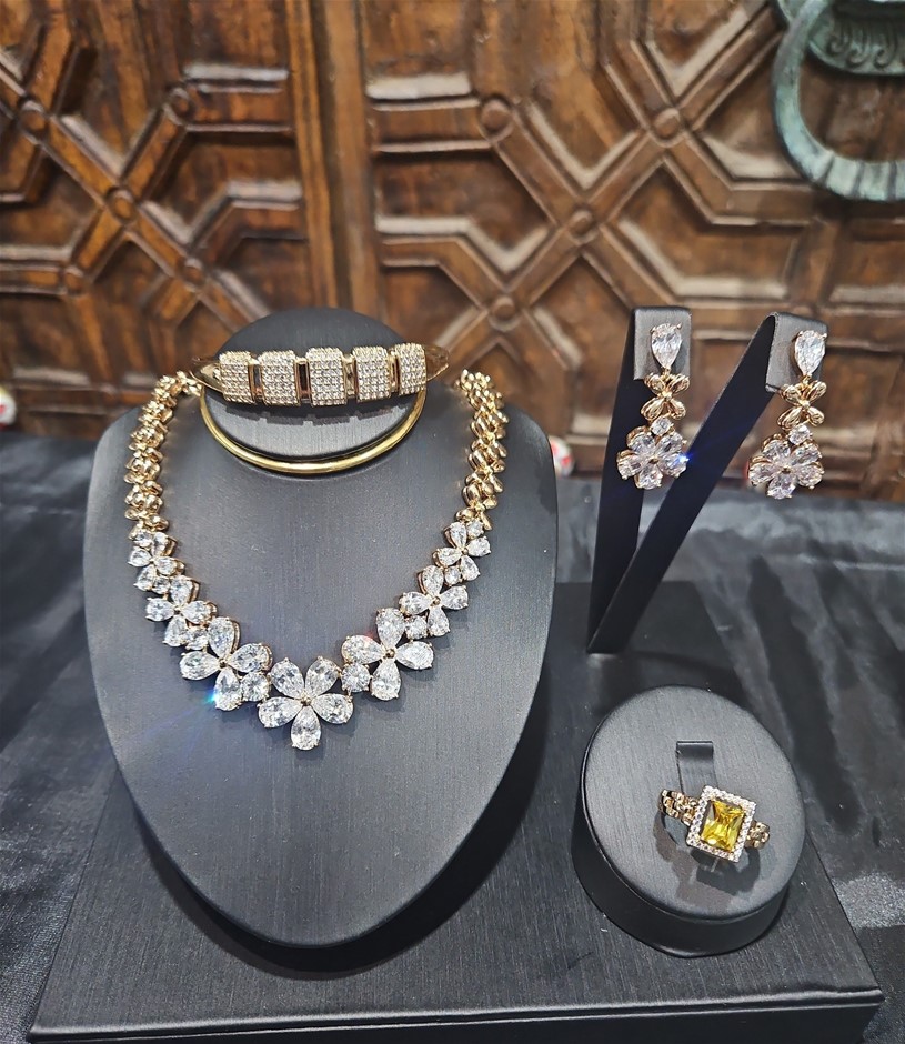 4pcs x 18K Stamped Yellow Gold Filled Bangle & Ring & Earring & Necklace