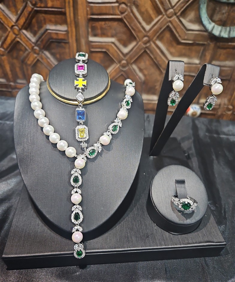 4pcs x 18K Stamped White Gold Filled Bangle & Ring & Earring & Necklace