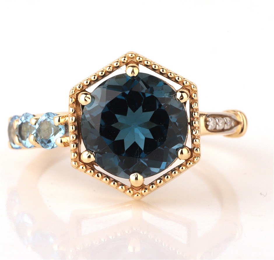 Yellow Gold Natural London Blue Topaz & Diamond Ring with valuation