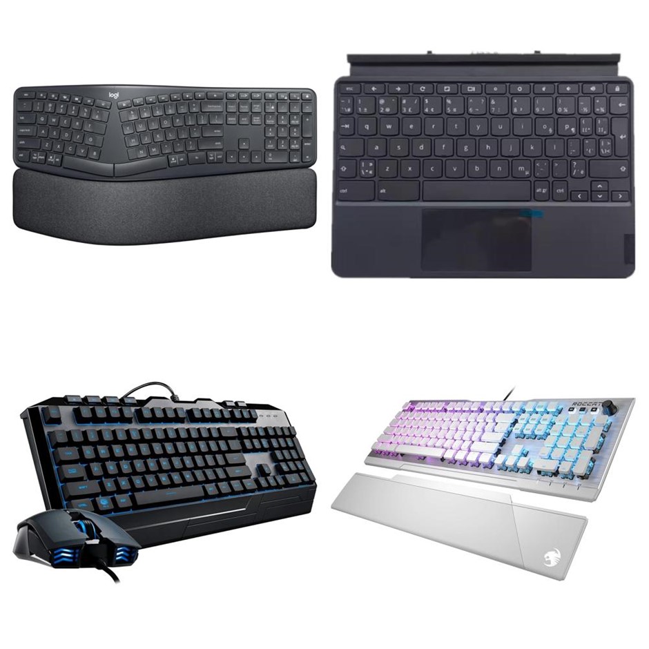 4 × Assorted Keyboards. Incl: 1 × Logitech ERGO Wireless Split, 1 × Lenovo