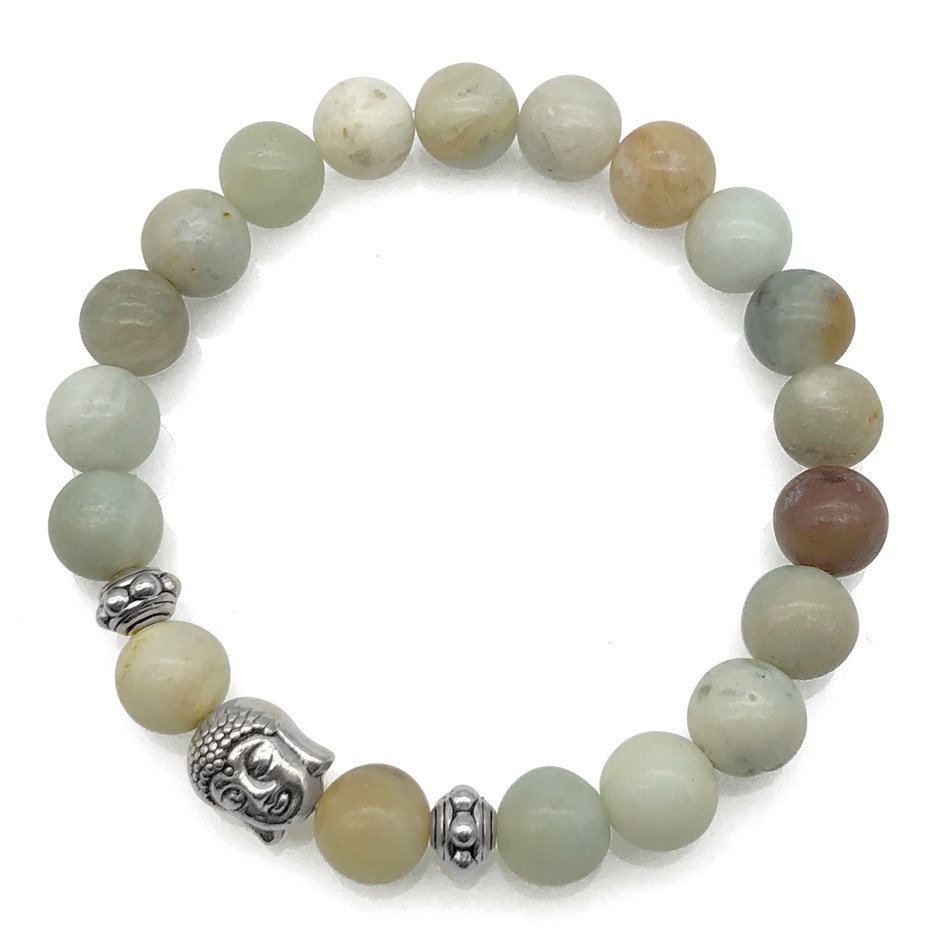 8mm Amazonite & Antique Silver Buddha Charm Beaded Bracelet