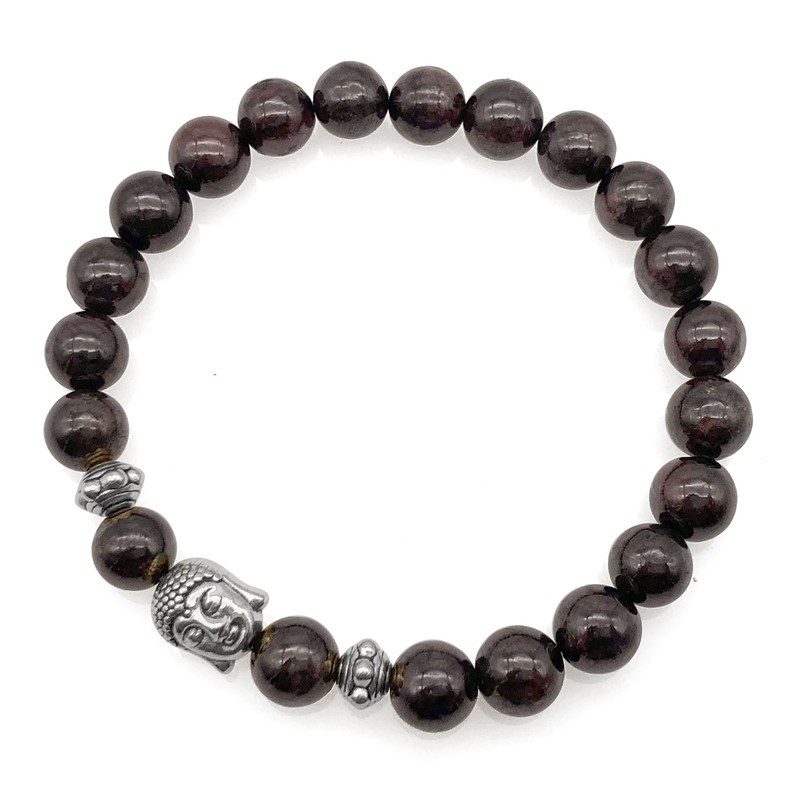 8mm Garnet & Antique Silver Buddha Charm Beaded Bracelet