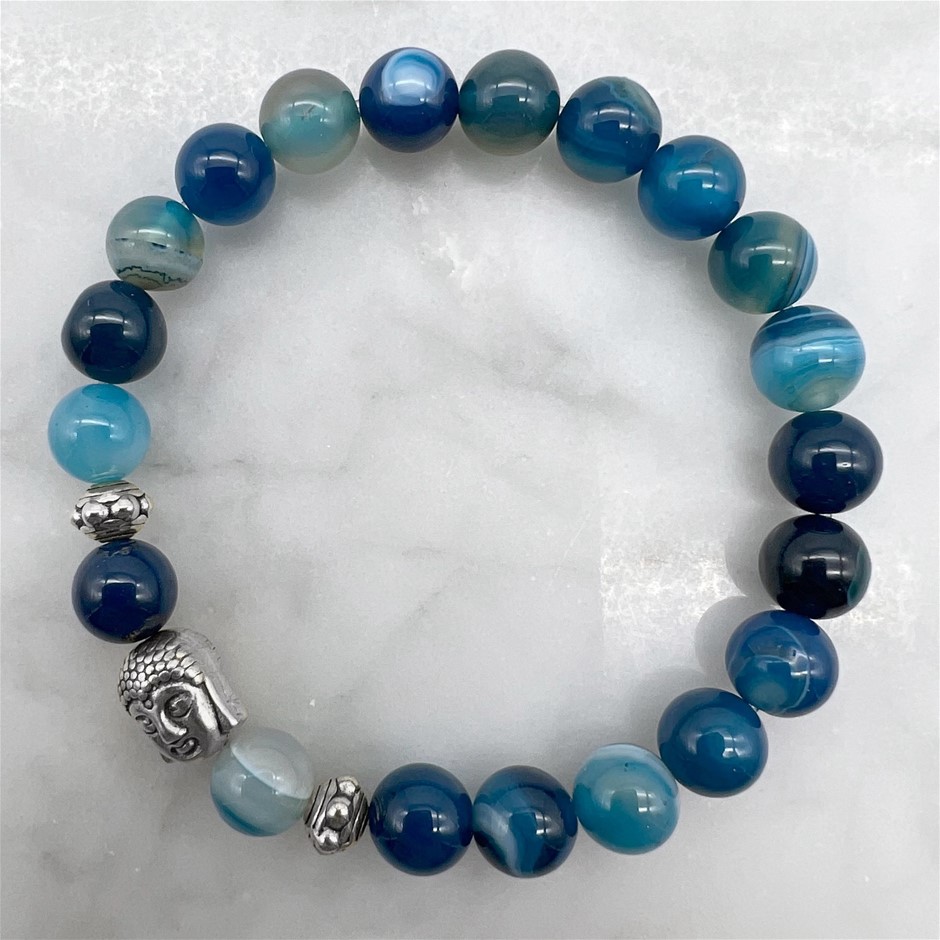 8mm Blue Stripey Agate & Antique Silver Buddha Charm Beaded Bracelet