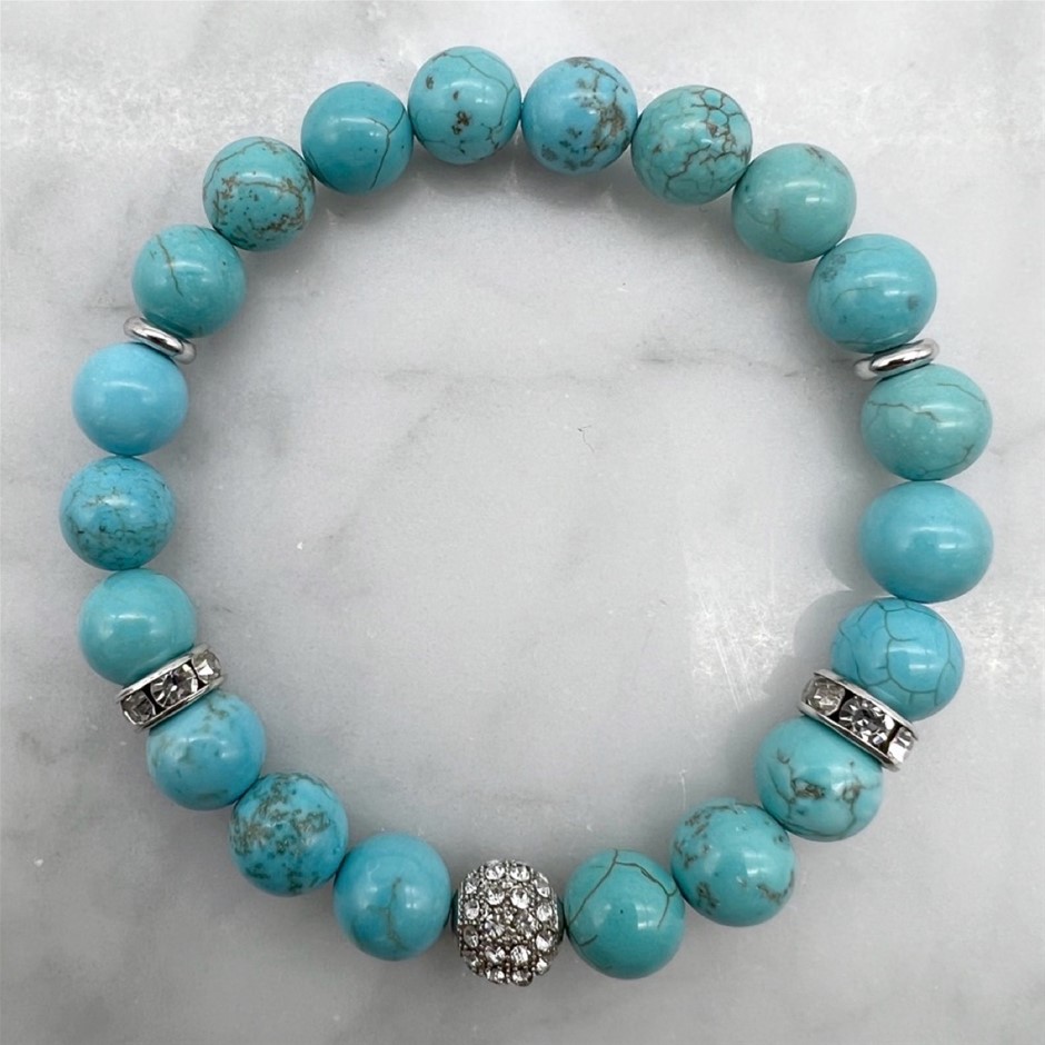8mm Turquoise with Rhinestones Platinum Plated Beaded Bracelet
