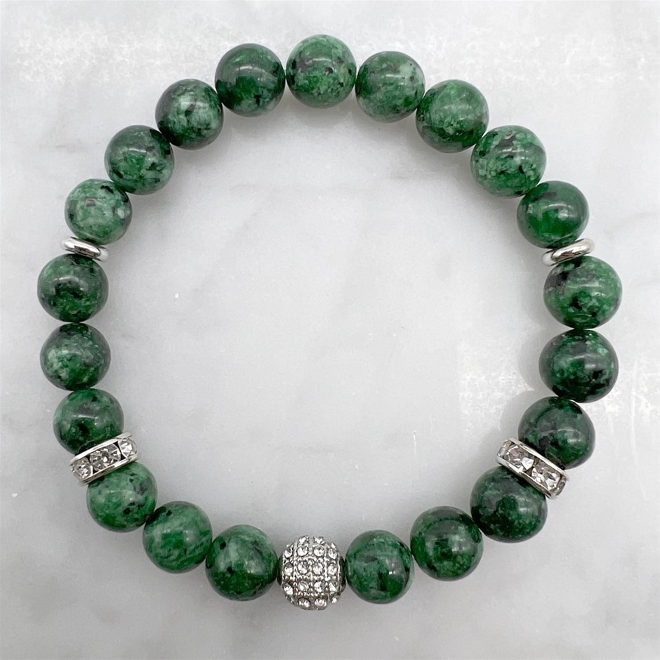 8mm Dark Afican Jasper with Rhinestones Platinum Plated Beaded Bracelet