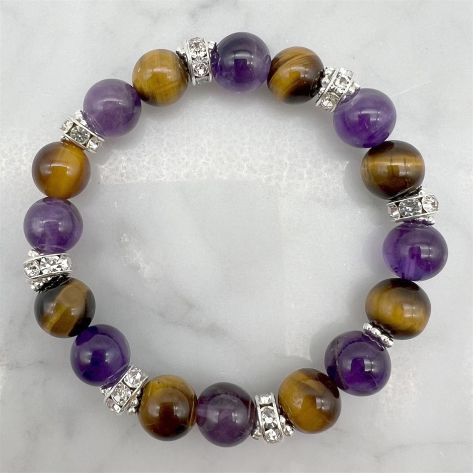 Amethyst, Tiger Eye & Rhinestone Spacer Stretch Beaded Bracelet