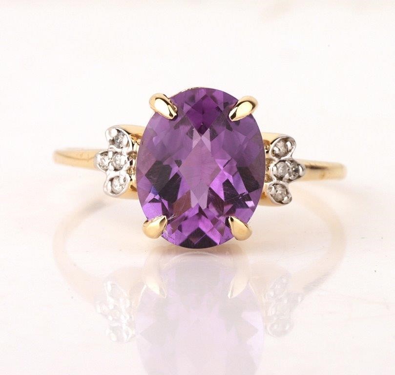 Yellow Gold Natural Amethyst & Diamond Ring  with Valuation